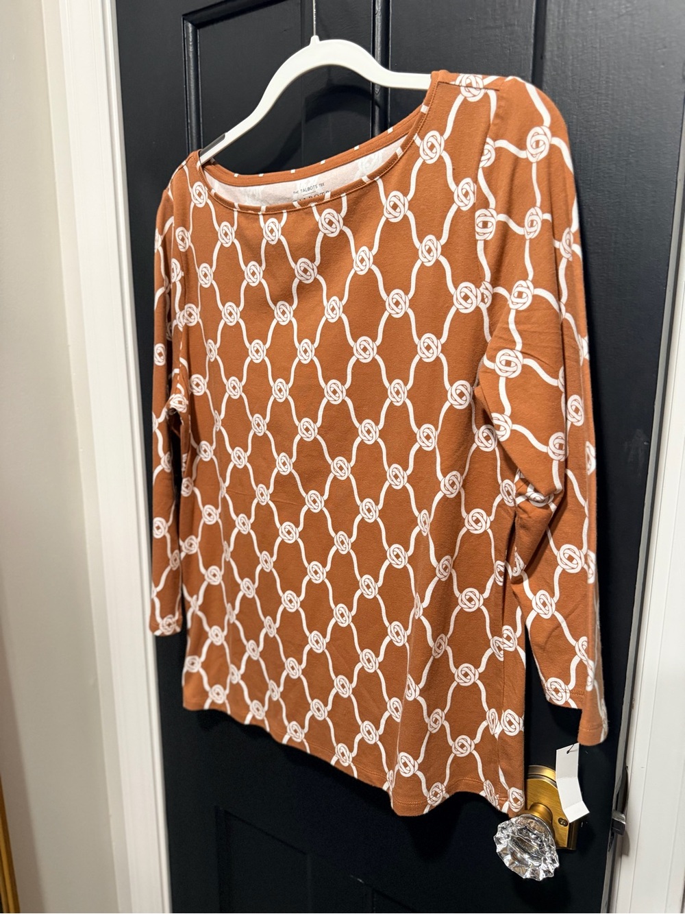 Talbots Rust-Brown 3/4 Sleeve Top with White Chain Print